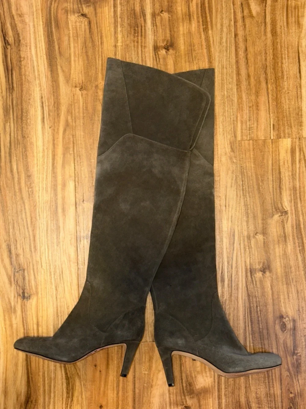 Vince Camuto women 9 Over the knee heeled boot suede leather grey olive armaceli